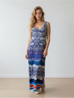 Nine West Blue and White Patterned Sleeveless Maxi Dress with Orange Accent